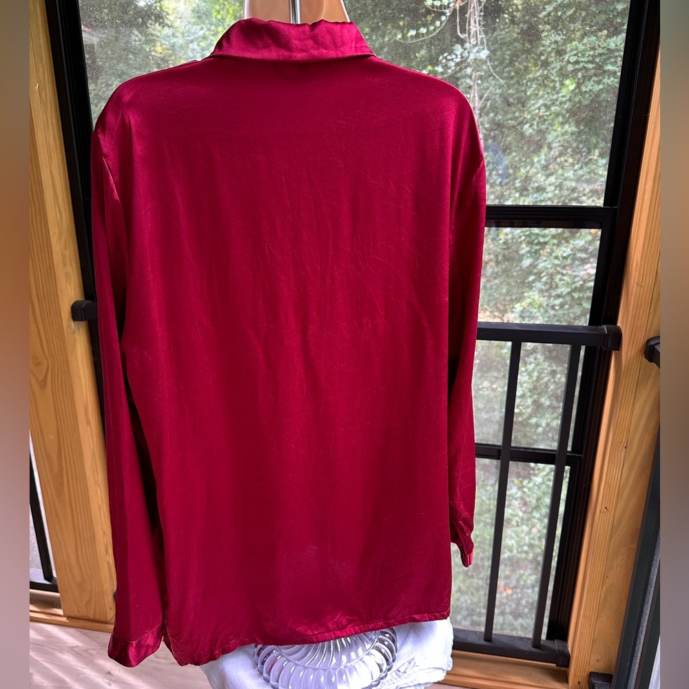Dark Red Silk Long Sleeve Blouse Nightshirt Festive Party Rodeo ~ L (12) - Picture 7 of 14